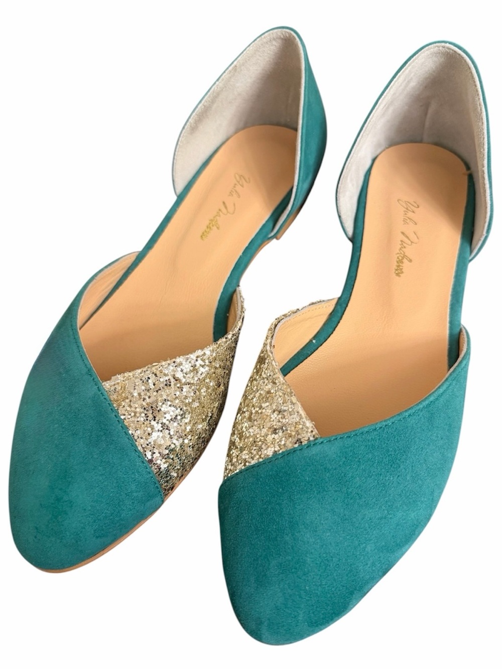 Yulia Nadeeva Emerald Teal Suede & Gold Glitter D'Orsay Flats Size EU 38/ US 7.5